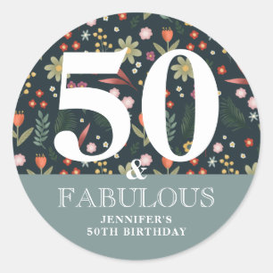 Modern Floral 50 and Fabulous Birthday Classic Round Sticker