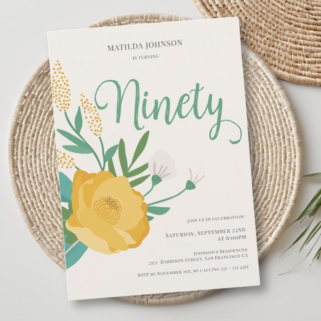 Modern Floral 90th Birthday Party Invitation (Modern Floral 90th Birthday Party Invitation)