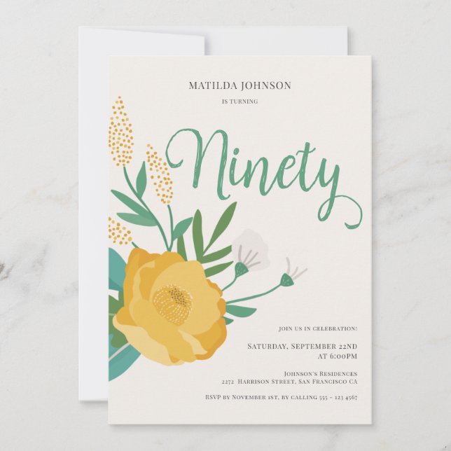 Modern Floral 90th Birthday Party Invitation (Front)