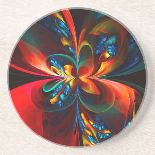 Modern Floral Abstract Art Orange Blue Pattern #14 Coaster