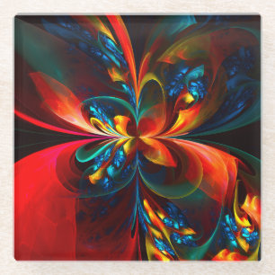 Modern Floral Abstract Art Orange Blue Pattern #14 Glass Coaster