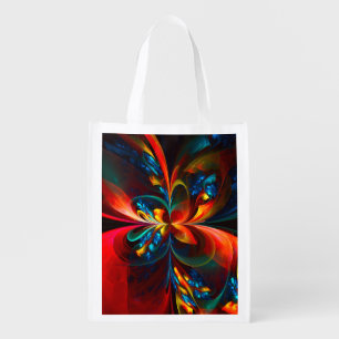 Modern Floral Abstract Art Orange Blue Pattern #14 Grocery Bag