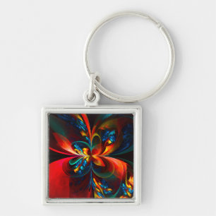 Modern Floral Abstract Art Orange Blue Pattern #14 Keychain