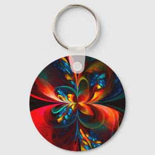 Modern Floral Abstract Art Orange Blue Pattern #14 Keychain
