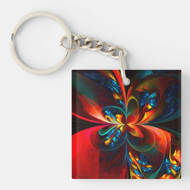 Modern Floral Abstract Art Orange Blue Pattern #14 Keychain (Front)