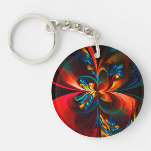 Modern Floral Abstract Art Orange Blue Pattern #14 Keychain