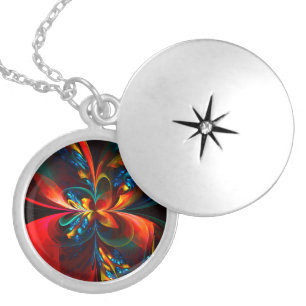 Modern Floral Abstract Art Orange Blue Pattern #14 Locket Necklace