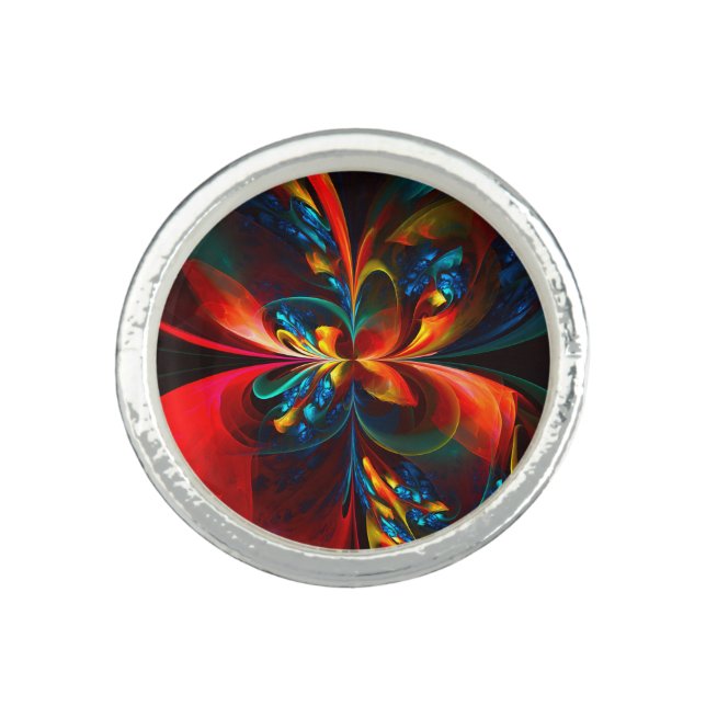 Modern Floral Abstract Art Orange Blue Pattern #14 Ring (Front)