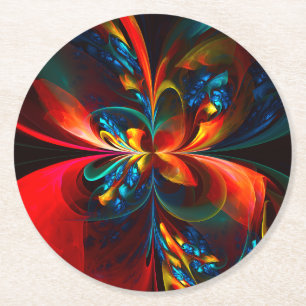 Modern Floral Abstract Art Orange Blue Pattern #14 Round Paper Coaster