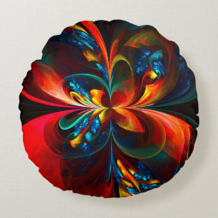 Modern Floral Abstract Art Orange Blue Pattern #14 Round Pillow