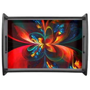 Modern Floral Abstract Art Orange Blue Pattern #14 Serving Tray