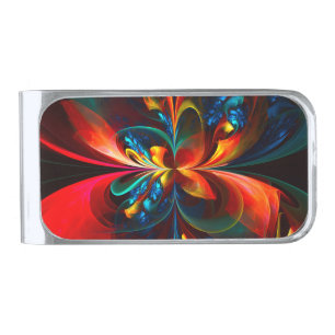 Modern Floral Abstract Art Orange Blue Pattern #14 Silver Finish Money Clip