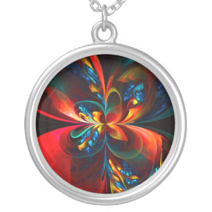 Modern Floral Abstract Art Orange Blue Pattern #14 Silver Plated Necklace