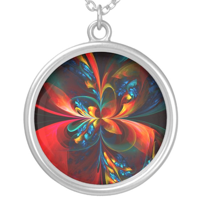 Modern Floral Abstract Art Orange Blue Pattern #14 Silver Plated Necklace (Front)