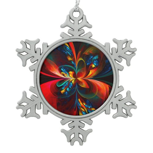 Modern Floral Abstract Art Orange Blue Pattern #14 Snowflake Pewter Christmas Ornament