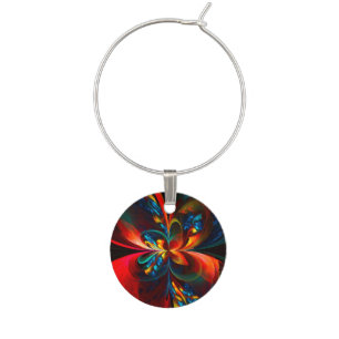 Modern Floral Abstract Art Orange Blue Pattern #14 Wine Charm