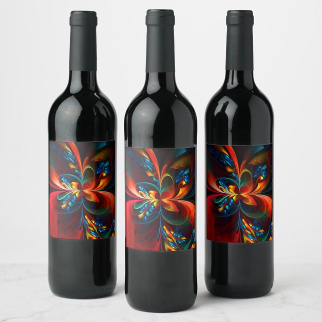 Modern Floral Abstract Art Orange Blue Pattern #14 Wine Label (Bottles)
