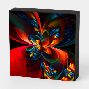 Modern Floral Abstract Art Orange Blue Pattern #14 Wooden Box Sign