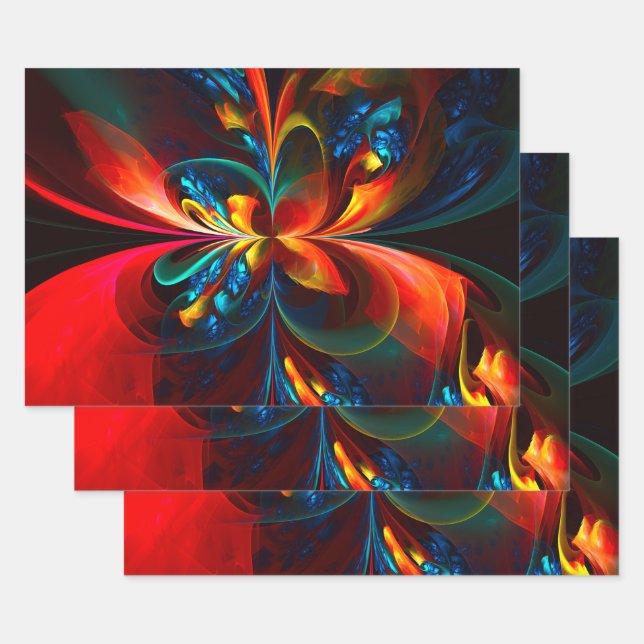 Modern Floral Abstract Art Orange Blue Pattern #14 Wrapping Paper Sheets (Set)
