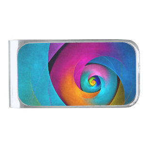 Modern Floral Abstract Art Pink Blue Pattern #17 Silver Finish Money Clip