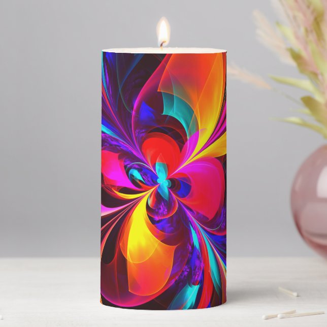 Modern Floral Abstract Art Red Blue Pattern #07 Pillar Candle (In Situ)