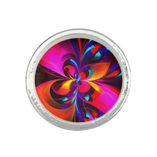 Modern Floral Abstract Art Red Blue Pattern #07 Ring