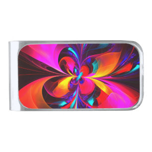 Modern Floral Abstract Art Red Blue Pattern #07 Silver Finish Money Clip