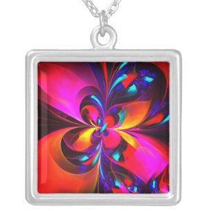 Modern Floral Abstract Art Red Blue Pattern #07 Silver Plated Necklace