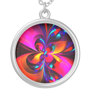 Modern Floral Abstract Art Red Blue Pattern #07 Silver Plated Necklace