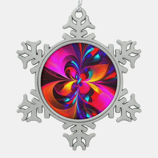Modern Floral Abstract Art Red Blue Pattern #07 Snowflake Pewter Christmas Ornament (Front)