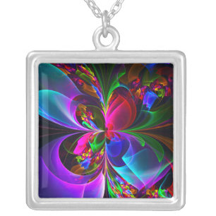 Modern Floral Abstract Art Red Blue Pattern #12 Silver Plated Necklace
