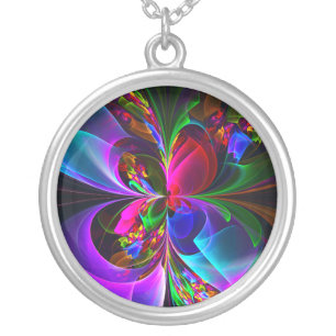 Modern Floral Abstract Art Red Blue Pattern #12 Silver Plated Necklace