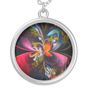 Modern Floral Abstract Art Red Blue Pattern #13 Silver Plated Necklace