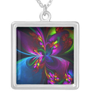 Modern Floral Abstract Art Red Blue Pattern #15 Silver Plated Necklace
