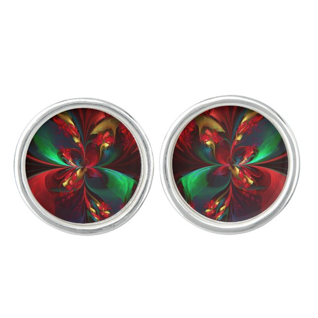 Modern Floral Abstract Art Red Green Pattern #11 Cufflinks (Front)