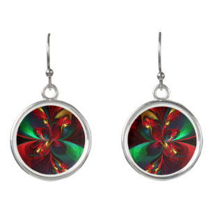 Modern Floral Abstract Art Red Green Pattern #11 Earrings