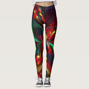 Modern Floral Abstract Art Red Green Pattern #11 Leggings