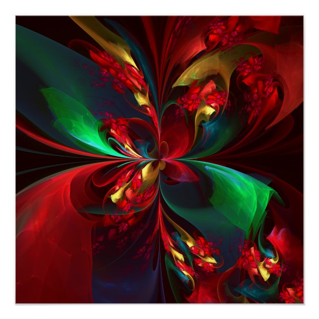 Modern Floral Abstract Art Red Green Pattern #11 Poster (Front)