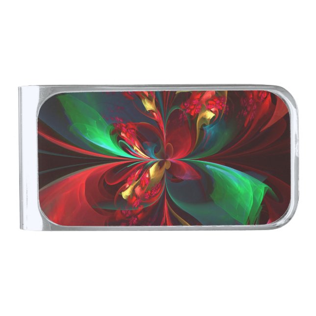 Modern Floral Abstract Art Red Green Pattern #11 Silver Finish Money Clip (Front)