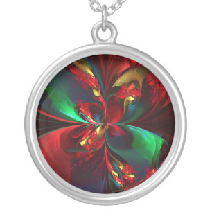 Modern Floral Abstract Art Red Green Pattern #11 Silver Plated Necklace