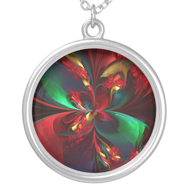 Modern Floral Abstract Art Red Green Pattern #11 Silver Plated Necklace (Front)