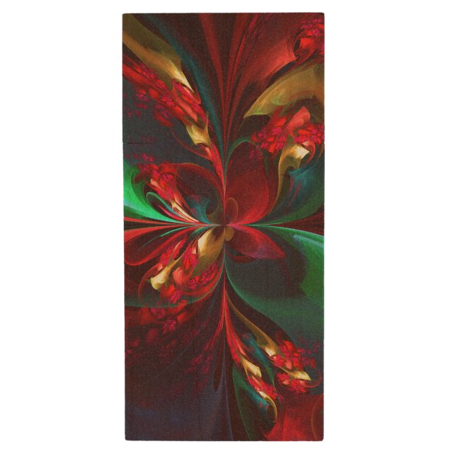 Modern Floral Abstract Art Red Green Pattern #11 Wood Flash Drive (Front Vertical)