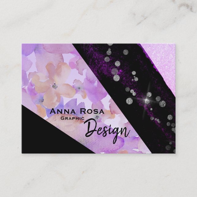 *~* Modern Floral Abstract Glitter Geometric Black Business Card (Front)