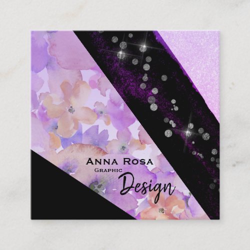  Modern Floral Abstract Glitter Geometric Black Square Business Card