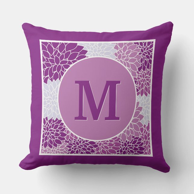 Modern Floral Abstract Purple Monogrammed Initial Throw Pillow (Front)