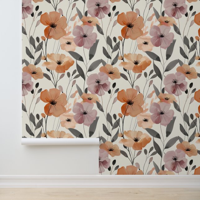 Modern Floral Abstract Terracotta Lavender Wallpaper (Application)