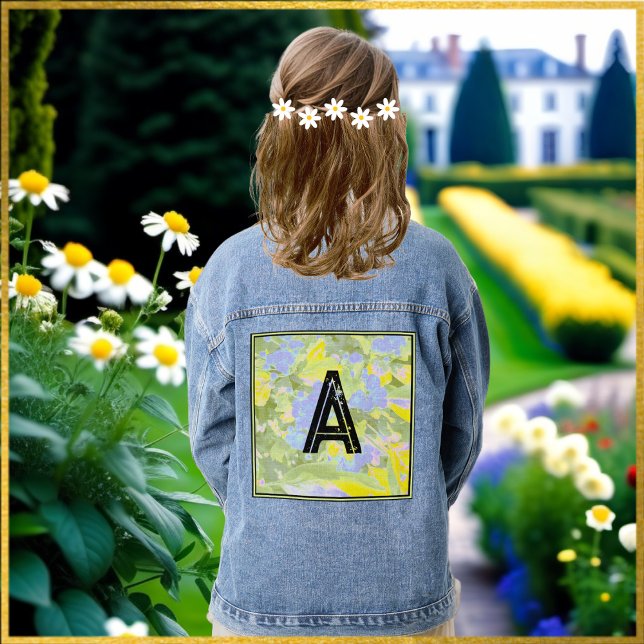 Modern Floral Abstract Yellow Stylish Monogrammed Denim Jacket (A denim jacket for women with monogram initial on a blue, yellow and green abstract background)