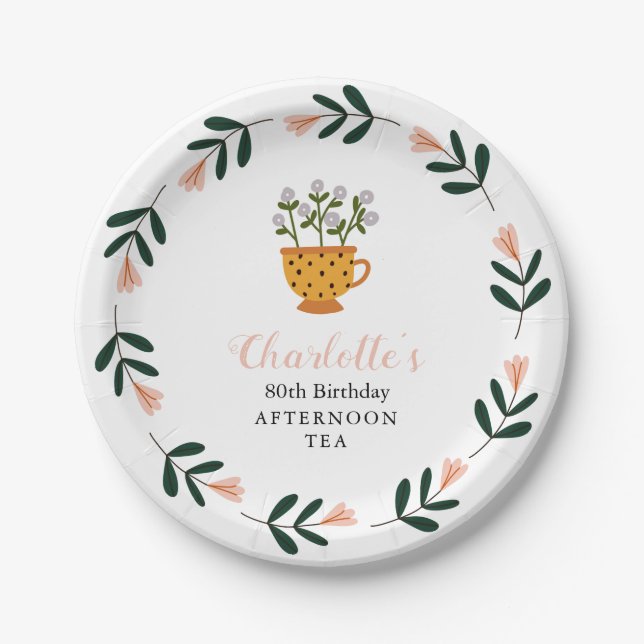 Modern Floral Afternoon Tea Birthday Paper Plates (Front)
