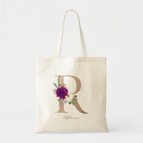 Modern Floral Alphabet Monogram Letter R Tote Bag