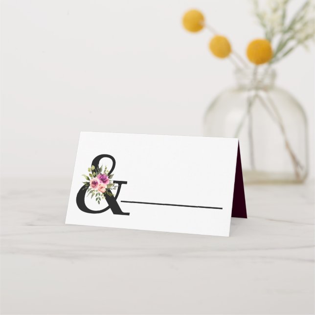 Modern Floral Ampersand Plum Pink Peach & Black Place Card (Front)